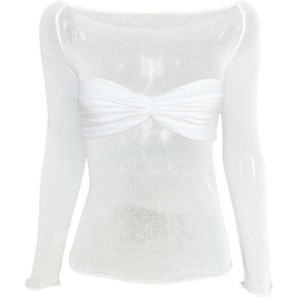 Women's Long Sleeve Crop Top Mesh Ruched Slim Fit Off Shoulder Y2K Style - Picture 5 of 9